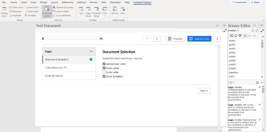 Testing the questionnaire in word
