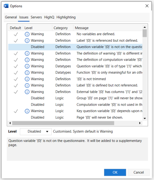 User Options Issues tab.