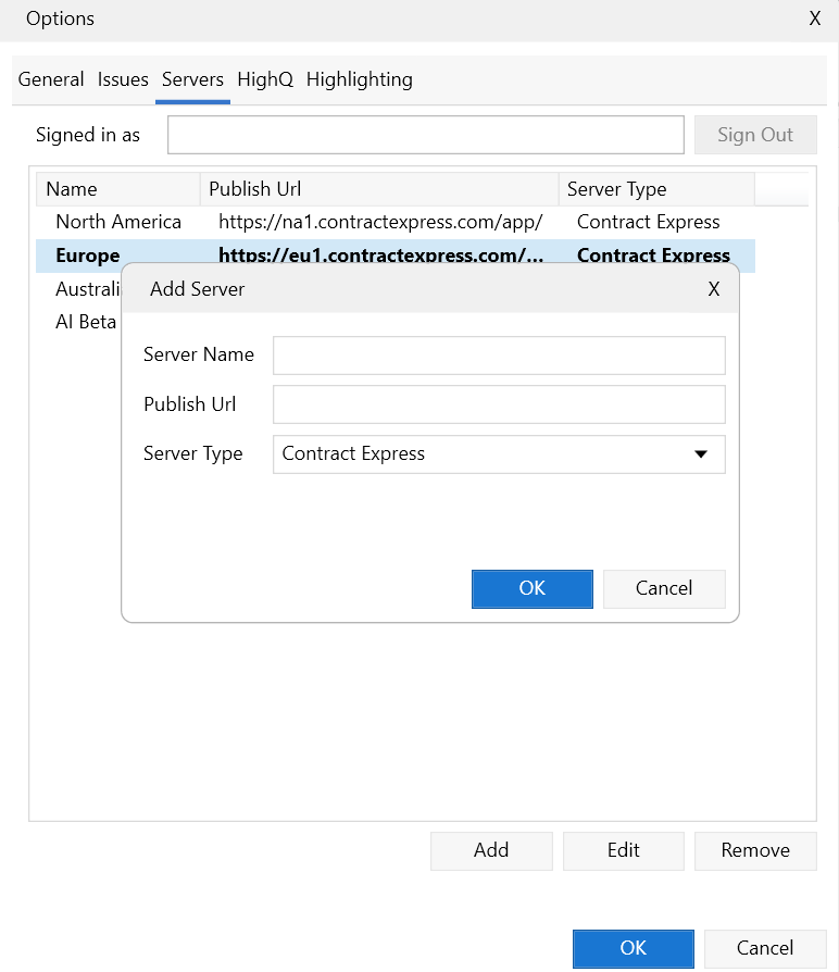 Options tab displaying servers.