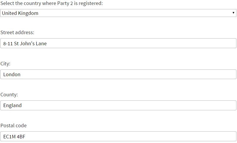Questionnaire address inserted separately with example United kingdom 