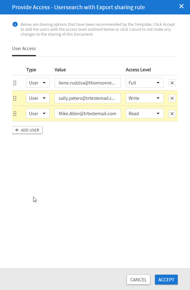 Sharing recommendations user access accept/reject dialog box.
