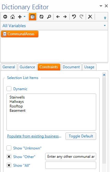 List of options entered in constraints tab. 