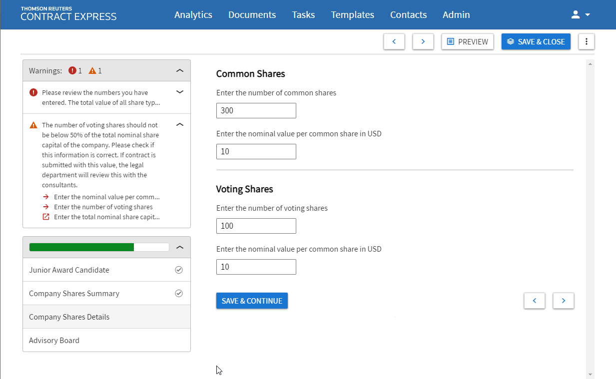 Warnings displaying in the questionnaire before saving the template.