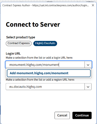 Connecting to contract express using HighQ DocAuto details.