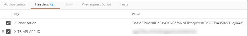 Example of values entered for the Authorization and X-TR-API-APP-ID keys.