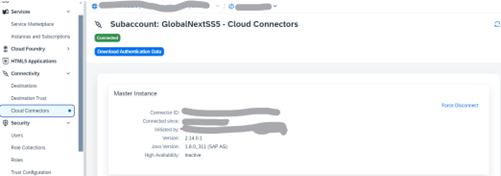 cloud connector section with BTP sub-account