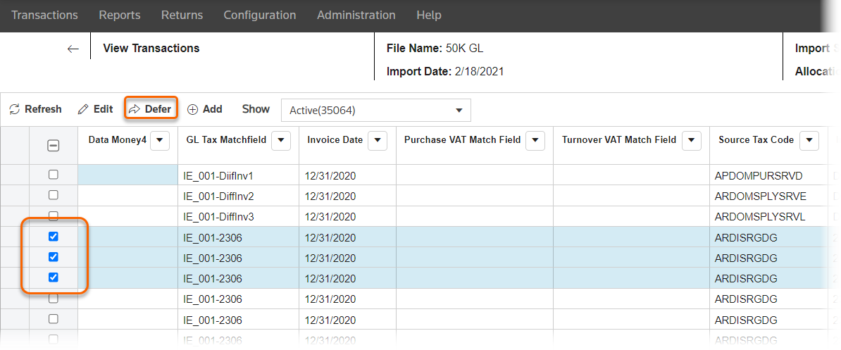 Transactions screen with transactions selected where you can then select Defer from the toolbar.