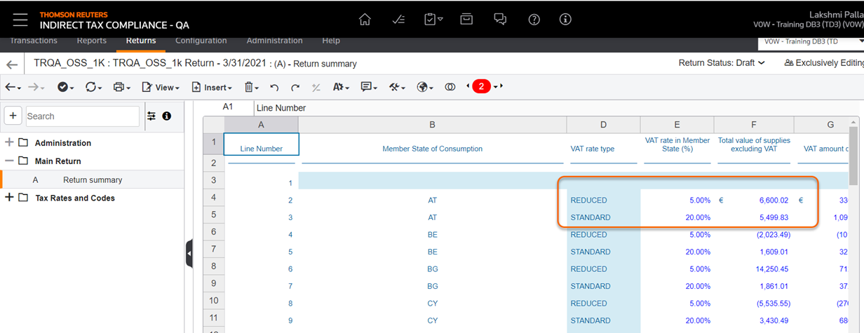 Return summary screen highlighting the reduced and standard amounts.