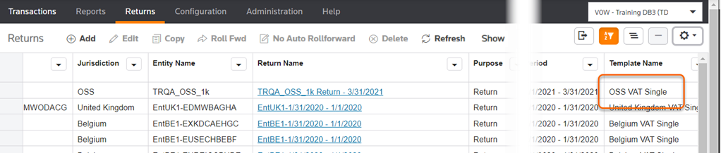 Returns screen highlighting the template name column with OSS VAT Single.