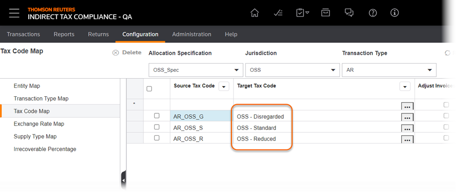 Tax code map screen showcasing the target tax code column.