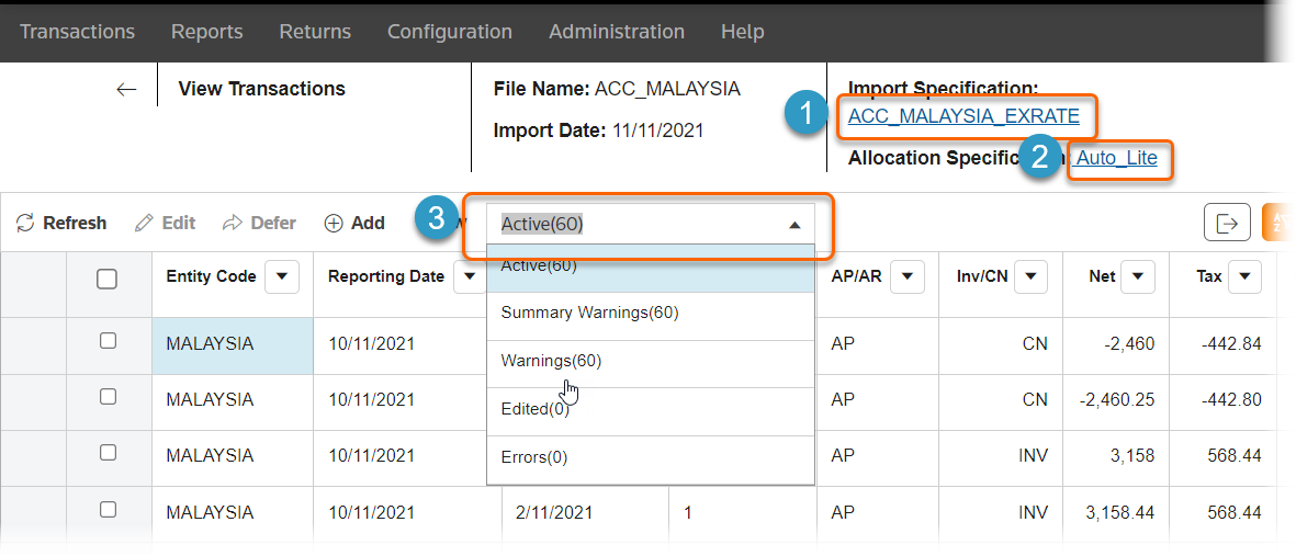 View transactions screen with import specification and allocation specification. Along with Active(60) selected.