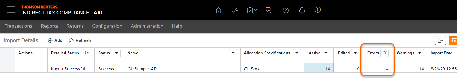 The Import Details screen with filters applied.