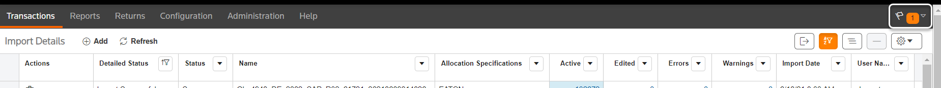 The Transactions screen showing a notification flag.