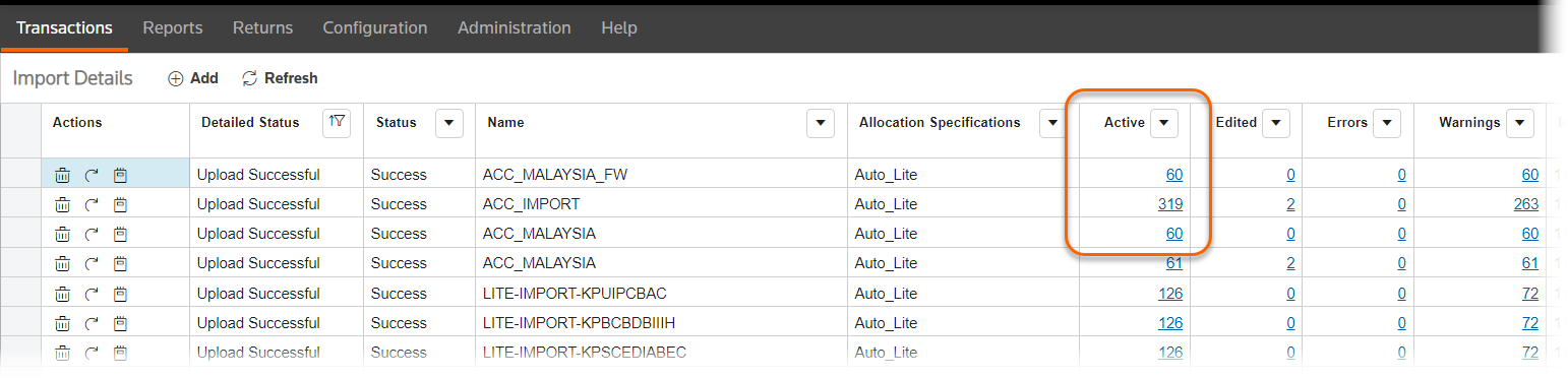 Import details screen with the active column highlighted showing the hyperlinks.