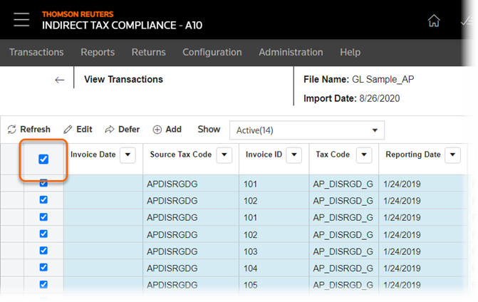 View transactions screen with transactions selected.