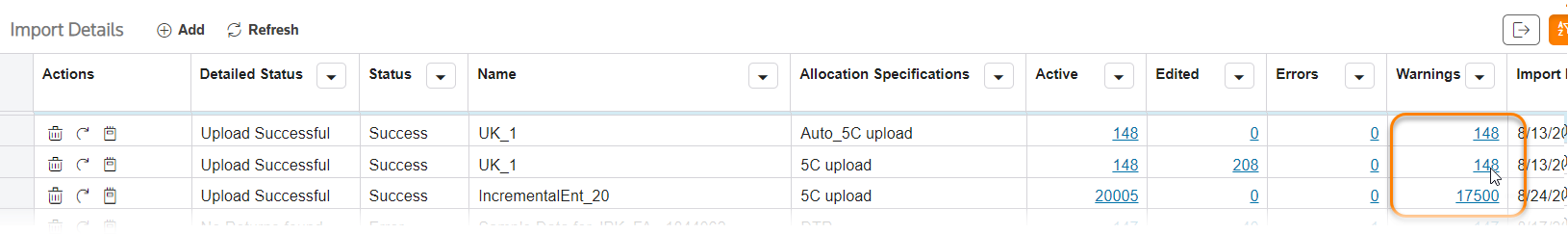 Import details screen showing hyperlinks in the Warnings column.