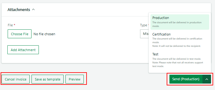buttons to create invoices