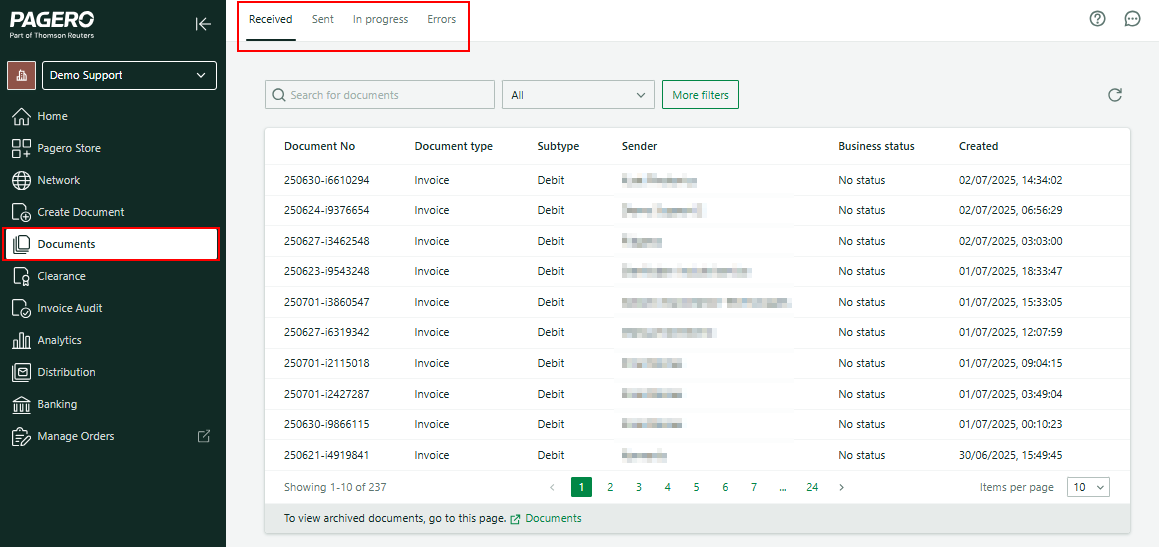 Received invoices list