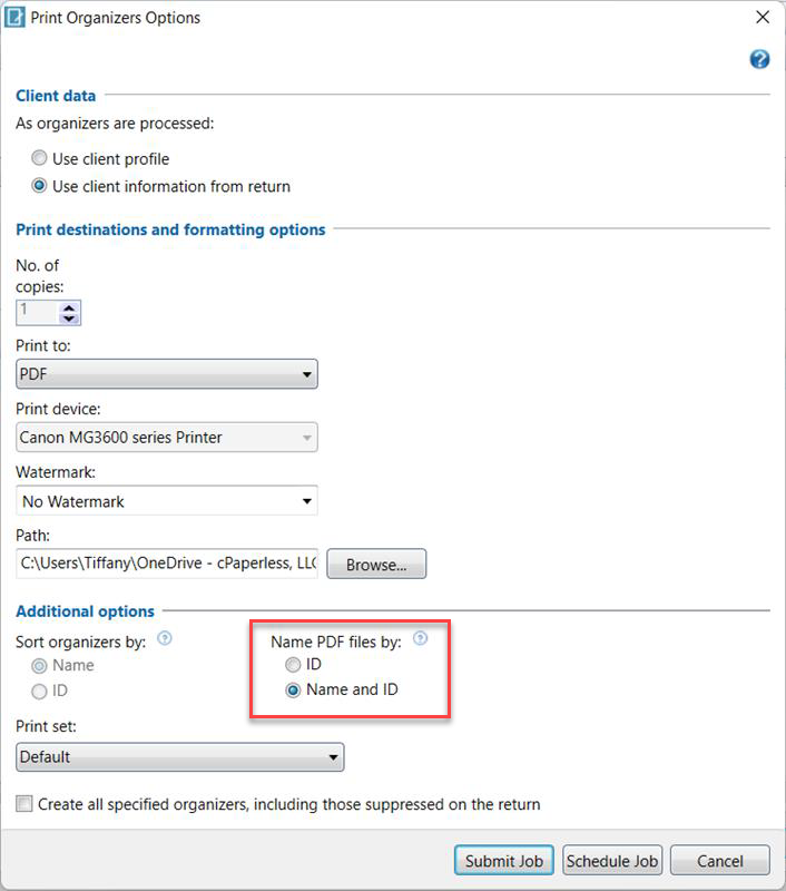 In the Print Organizers Options window, the Name and ID option is selected in the Name PDF files by: field.