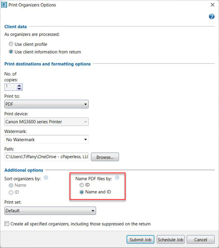 In the Print Organizers Options window, the Name and ID option is selected in the Name PDF files by: field. 