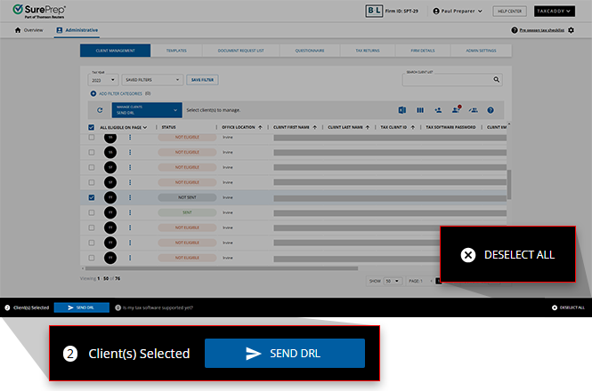 Select SEND DRL or DESELECT ALL