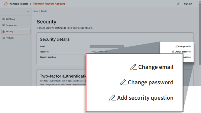 Change email, Change password, and Add security question