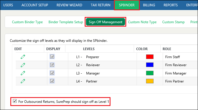 Select SPBINDER, Sign Off Management, then Outsourced checkbox