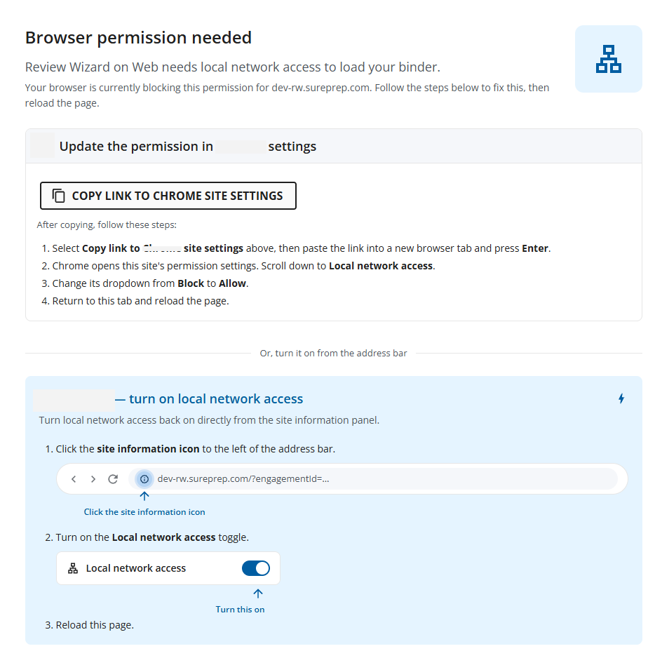 Recovery screen: how to re-enable Local Network Access in browser