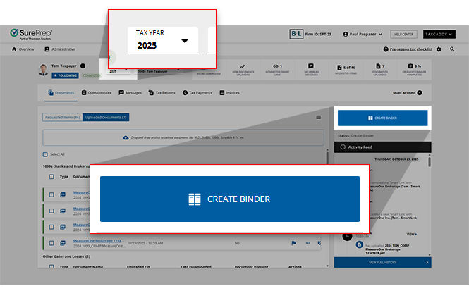 Select CREATE BINDER for the 2025 tax year