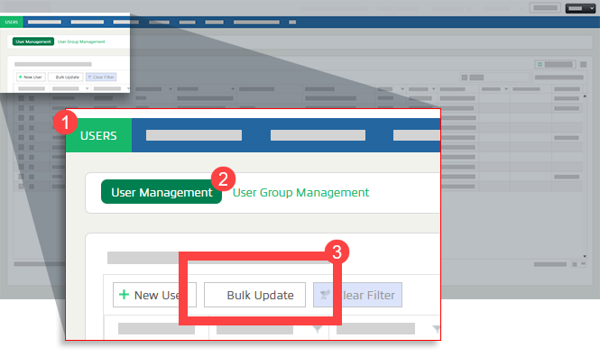 In the FileRoom Admin area, users tab, user management, and highlighting the Bulk Update button