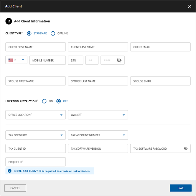 Add client dialog box
