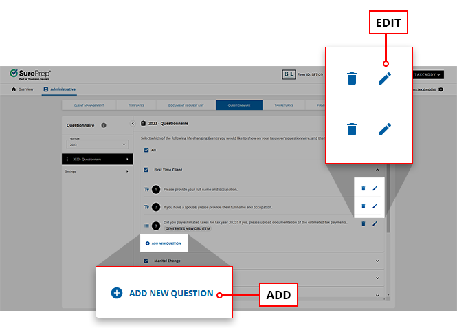 Select the Edit icon for an existing question, or ADD NEW QUESTION to add a new question.