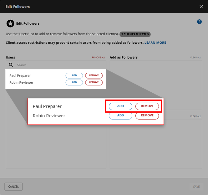Select ADD or REMOVE for the associated tax professional.