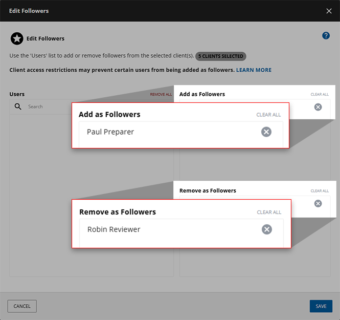 Added and removed tax professionals.
