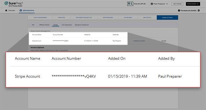 Newly added Stripe account in the Stripe tab.