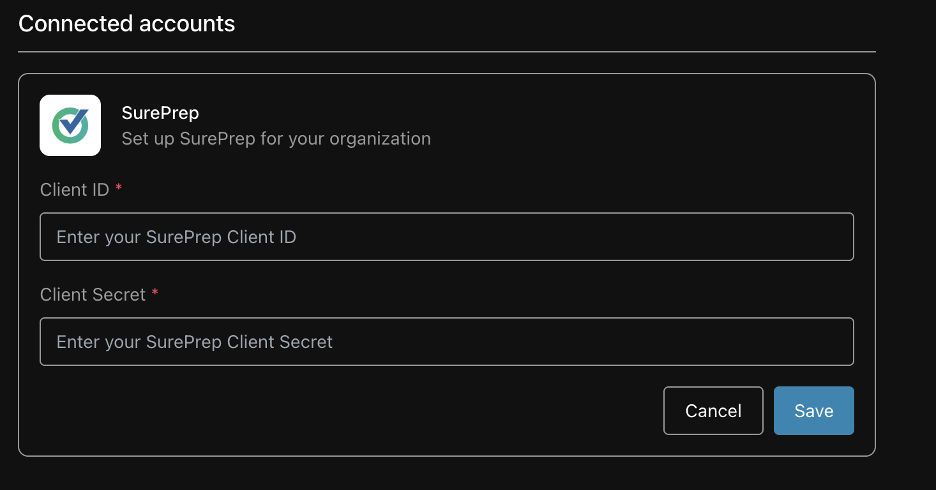 Two form fields, Client ID and Client Secret