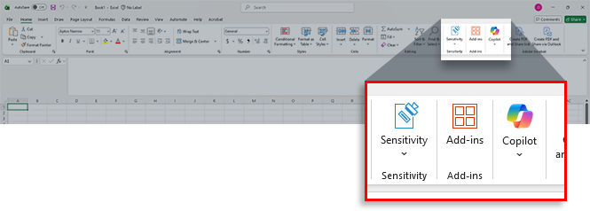 Excel Add-ins button on homepage
