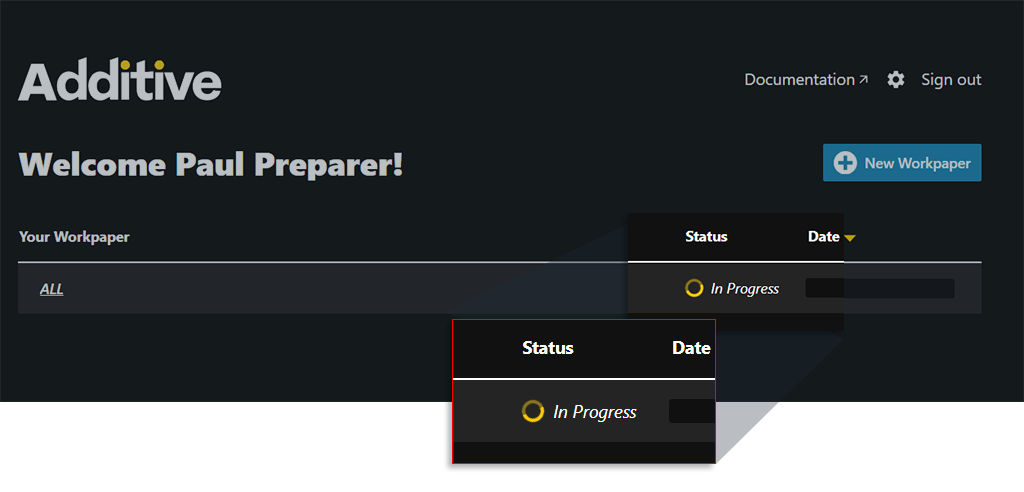 additive dashboard shows in progress status for the uploaded workpaper