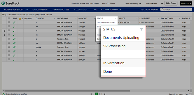 All binder statuses in FileRoom