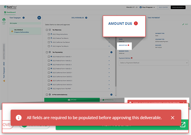 Error notification that all fields are required to be populated.