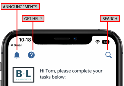 Announcements, Get Help, and Search on iOS