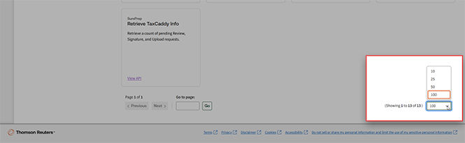 Select from the Items per page dropdown