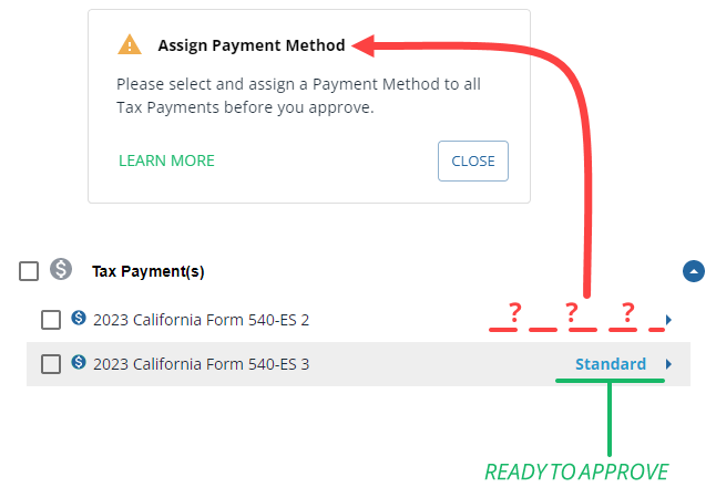 Assign a payment method to a tax payment.