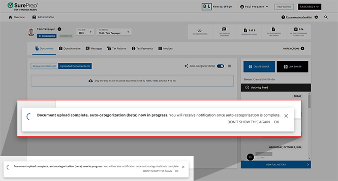 Notification that auto-categorization is in progress.