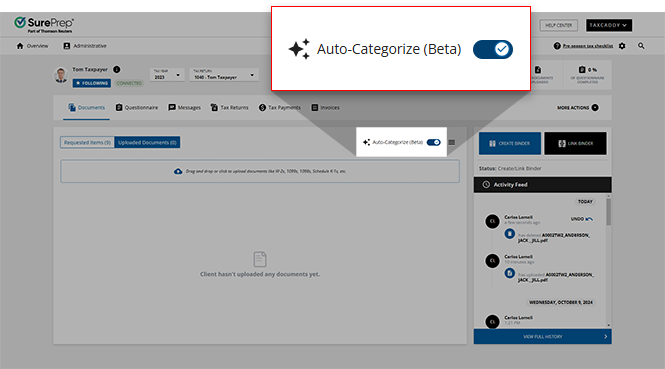Auto-Categorize (Beta) toggle in the client profile.