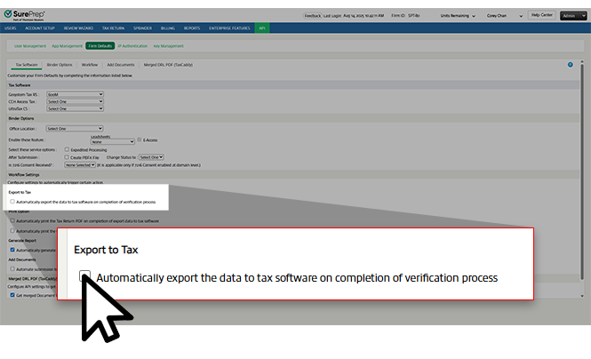 Select the Automatically export the data to tax software on completion of verification process checkbox.