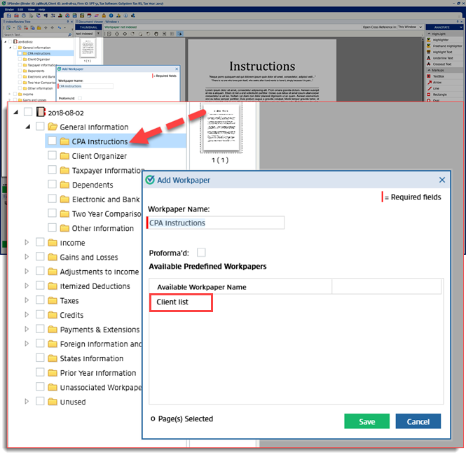 New workpaper in the Available Predefined Workpapers panel.
