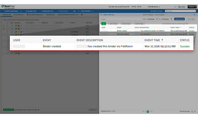 USER, EVENT, EVENT DESCRIPTION, EVENT TIME, and STATUS columns