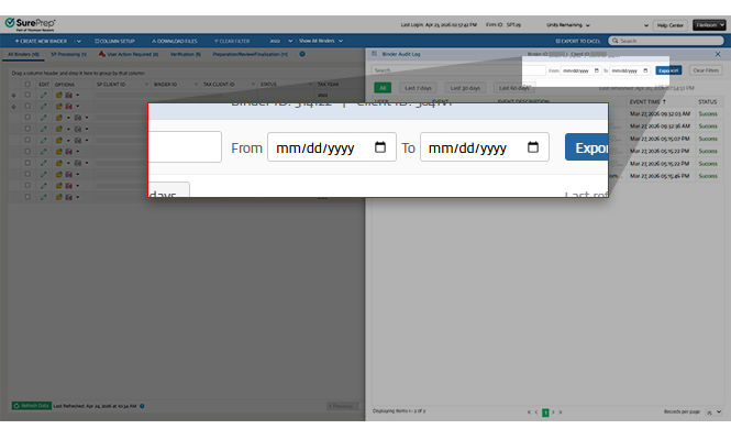 From and To calendar menus for the Binder Audit Log