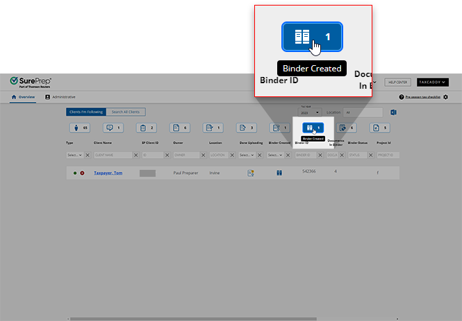 Select the Binder Created icon from Overview.